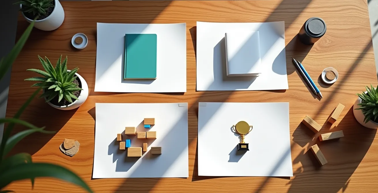 Visueller Jahresplan mit vier Quartalen auf Schreibtisch ausgebreitet