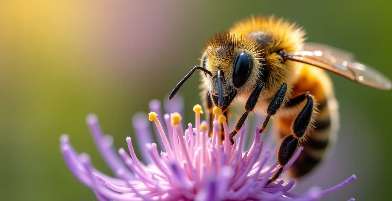 Makroaufnahme einer Wildbiene auf einer heimischen Blüte, die Pollen sammelt.