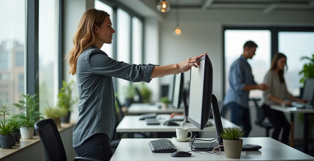 Geschäftsfrau macht kurze Dehnübungen neben höhenverstellbarem Schreibtisch