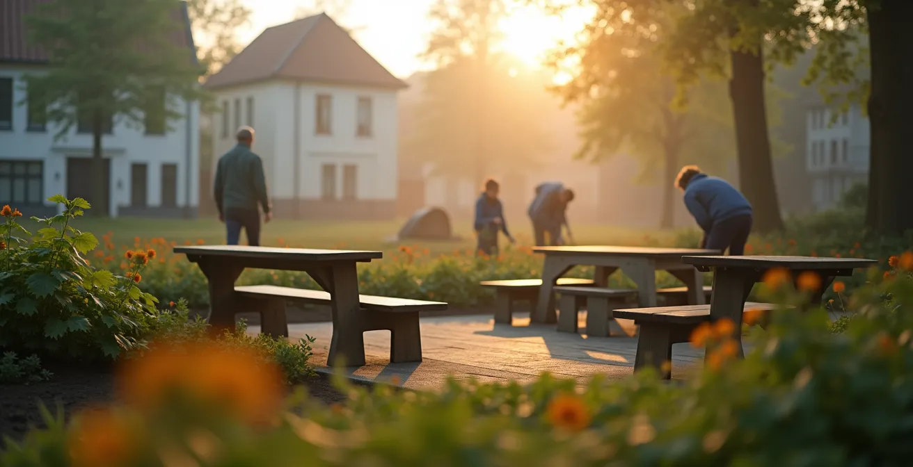 Symbolische Darstellung von Burnout-Prävention bei Aktivisten durch Selbstfürsorge und Teamarbeit