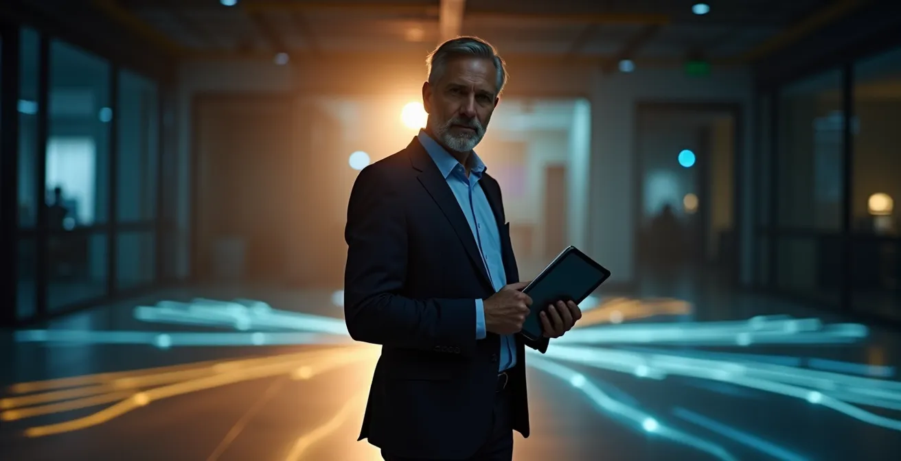 Ein selbstbewusster Berufstätiger, der an der Schnittstelle mehrerer Karrierewege steht und durch ein antifragiles Skill-Portfolio Stärke und Anpassungsfähigkeit ausstrahlt.