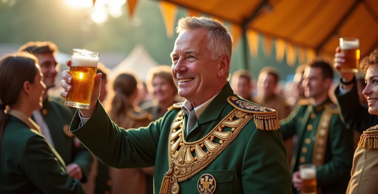 Schützenkönig mit traditioneller Kette beim Dorffest umgeben von Vereinsmitgliedern