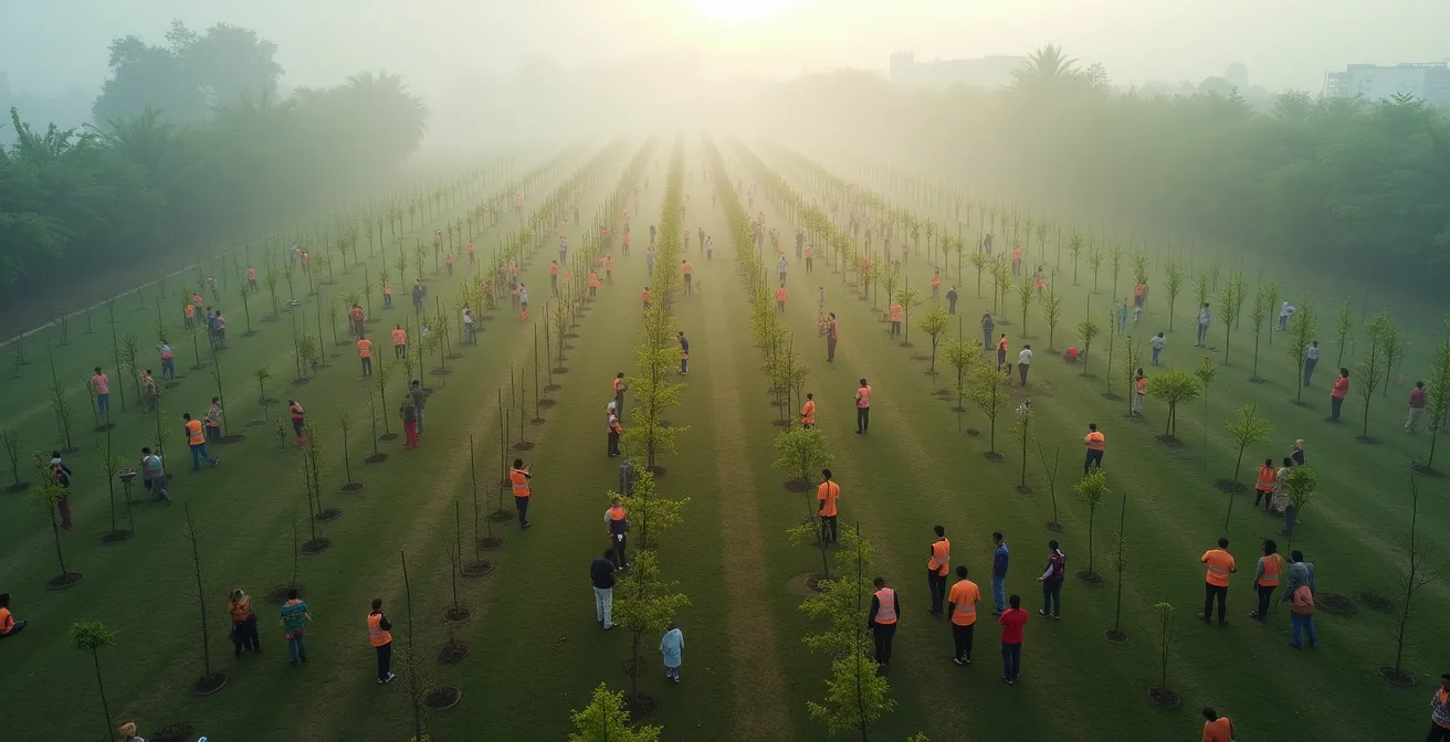 Vogelperspektive einer organisierten Baumpflanzaktion mit vielen Freiwilligen in farbigen Team-Shirts