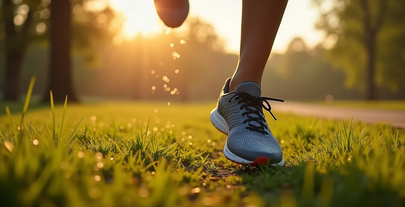 Läufer beim Morgenlauf im deutschen Stadtpark mit Sonnenstrahlen