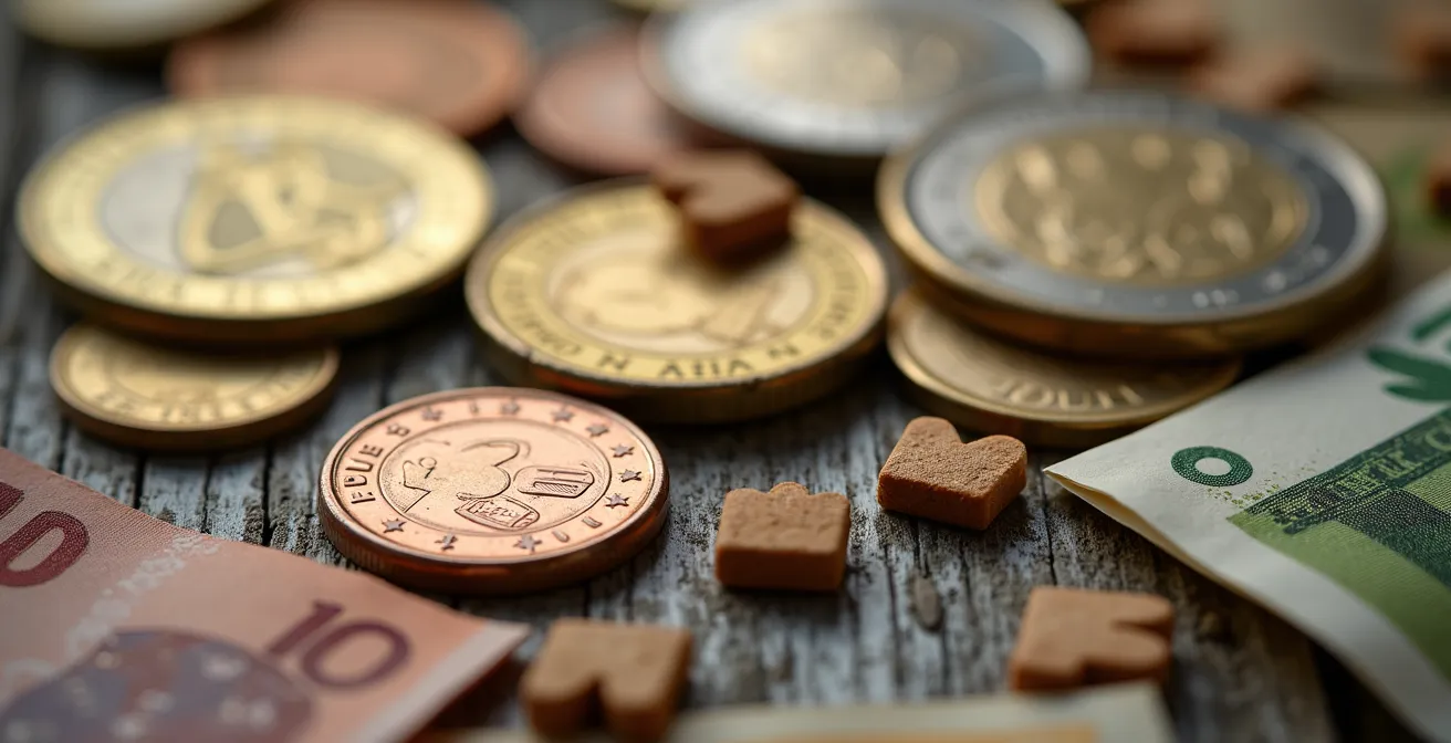 Makroaufnahme von Münzen und Geldscheinen arrangiert mit symbolischen Gemeinschaftselementen