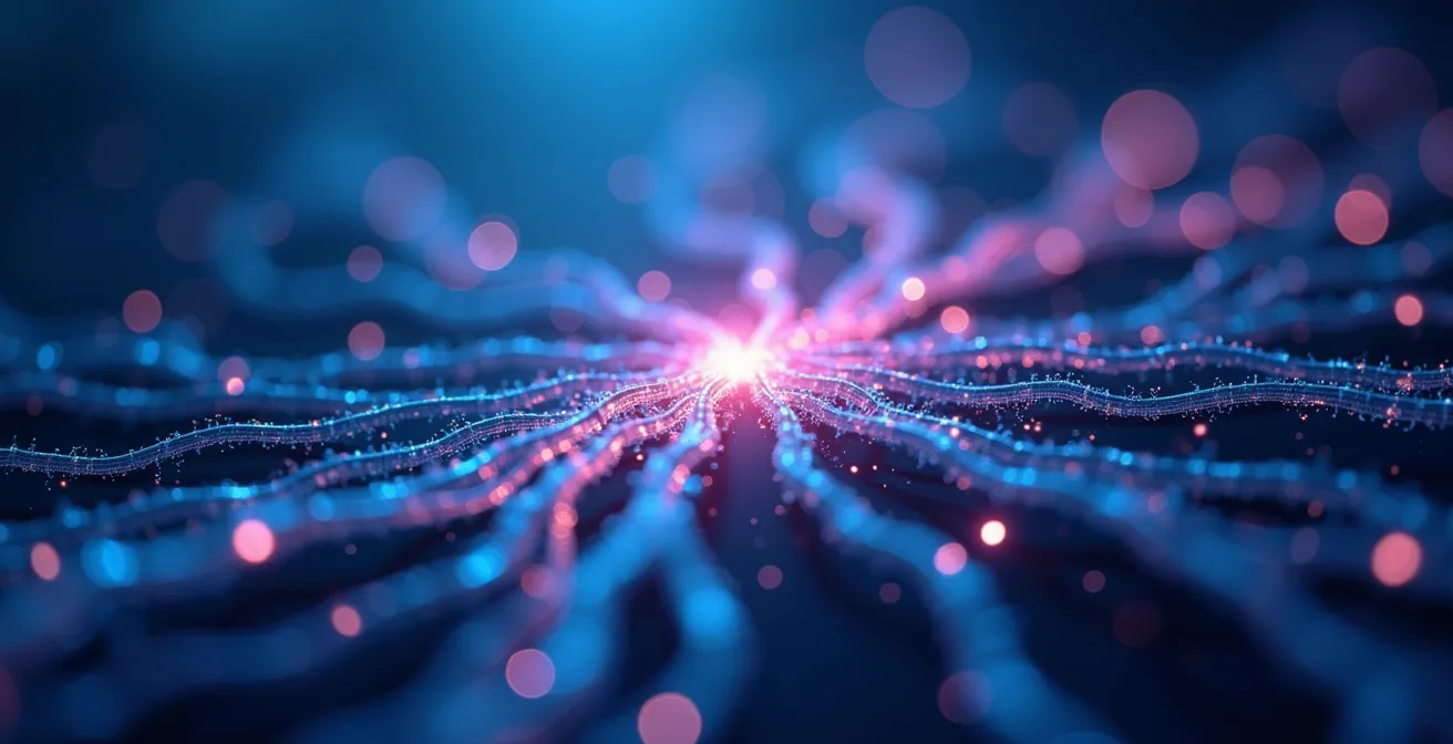 Abstrakte Visualisierung der Transformation von einfachen Datenströmen (Data Science) zu komplexen, vernetzten Strukturen (Decision Intelligence).