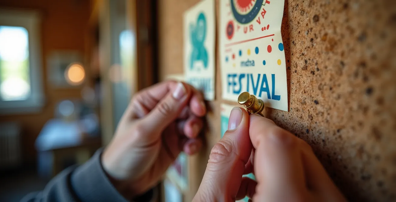 Nahaufnahme einer Hand, die einen handgeschriebenen Festzettel an einer Pinnwand befestigt