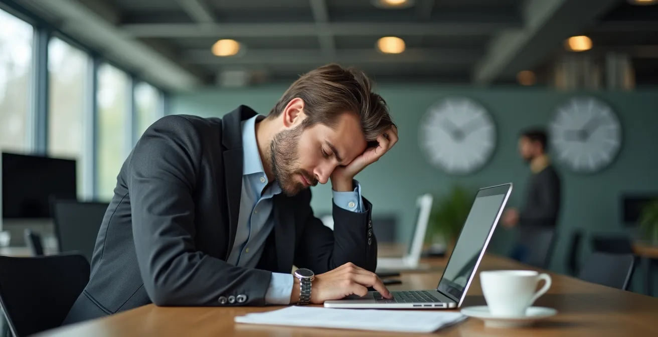 Erschöpfte Person am Schreibtisch mit einer Uhr, die den späten Nachmittag anzeigt, symbolisch für die mentale Erschöpfung in der deutschen Arbeitskultur.