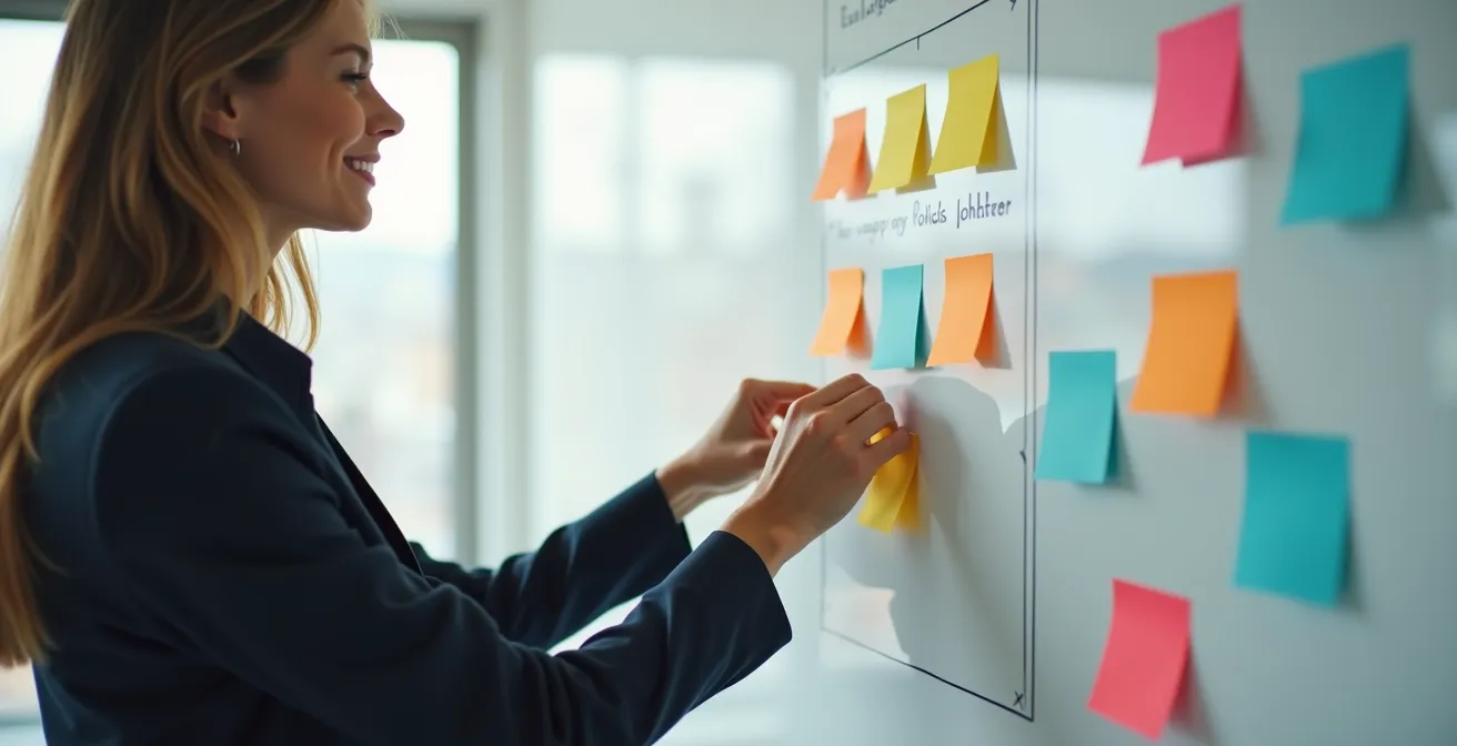 Physisches Kanban-Board im deutschen Büro für DSGVO-konforme Projekttransparenz