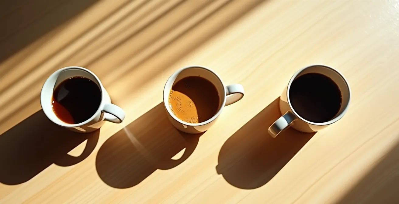 Visualisierung der persönlichen Energiekurve im Tagesverlauf, symbolisiert durch drei Kaffeetassen zu verschiedenen Tageszeiten