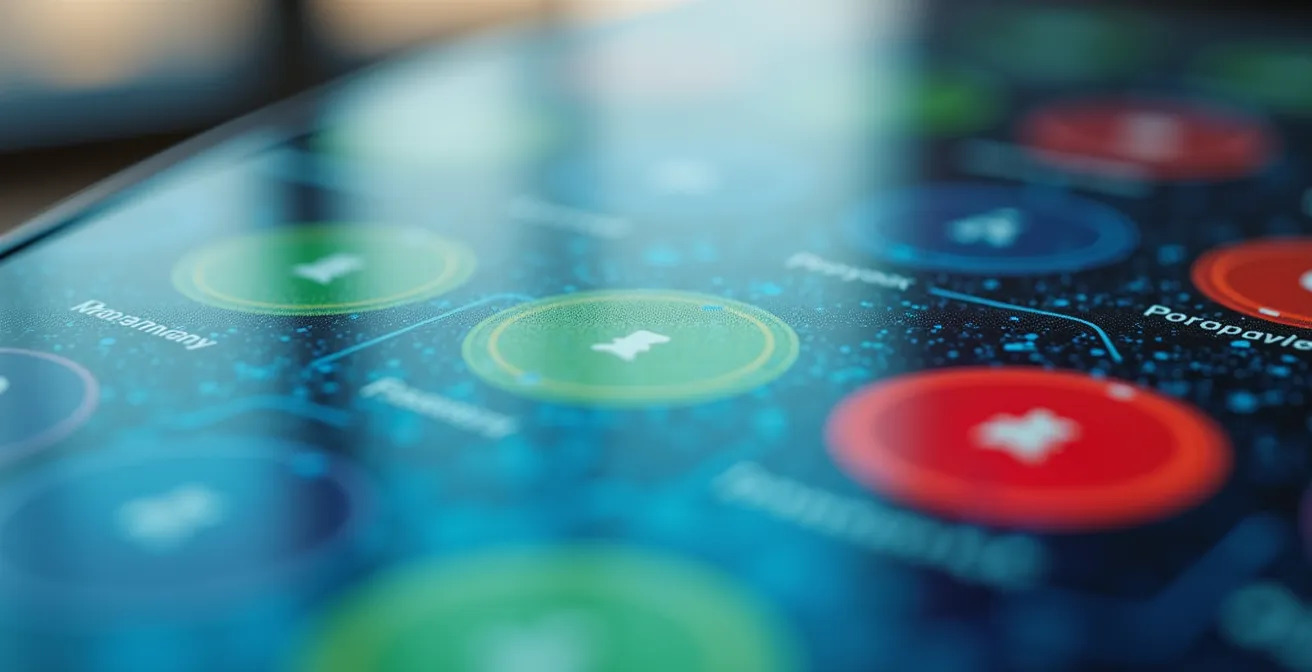 Abstraktes Labyrinth aus bunten App-Icons symbolisiert Entscheidungsüberforderung