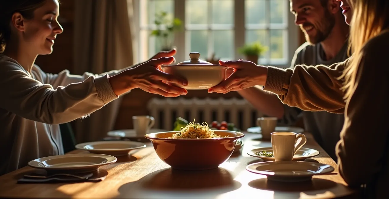 Mehrgenerationen-Familie beim gemeinsamen Abendessen mit Gästen in traditionellem deutschen Esszimmer