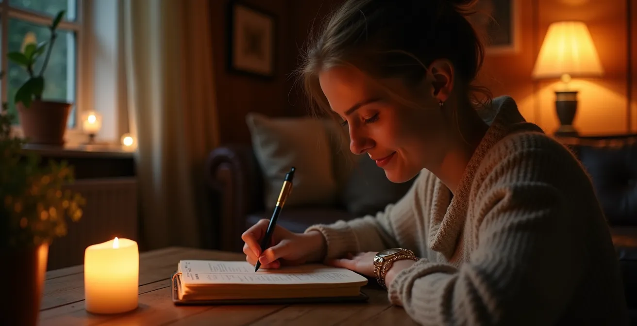 Person beim abendlichen Entspannungsritual mit warmem Licht