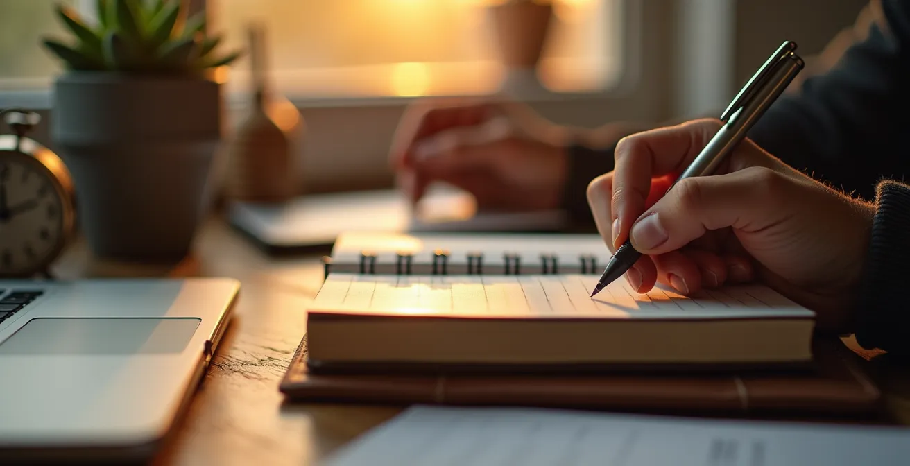 Hände schließen ein Notizbuch auf einem Schreibtisch bei Sonnenuntergang, als Symbol für ein bewusstes Feierabend-Ritual
