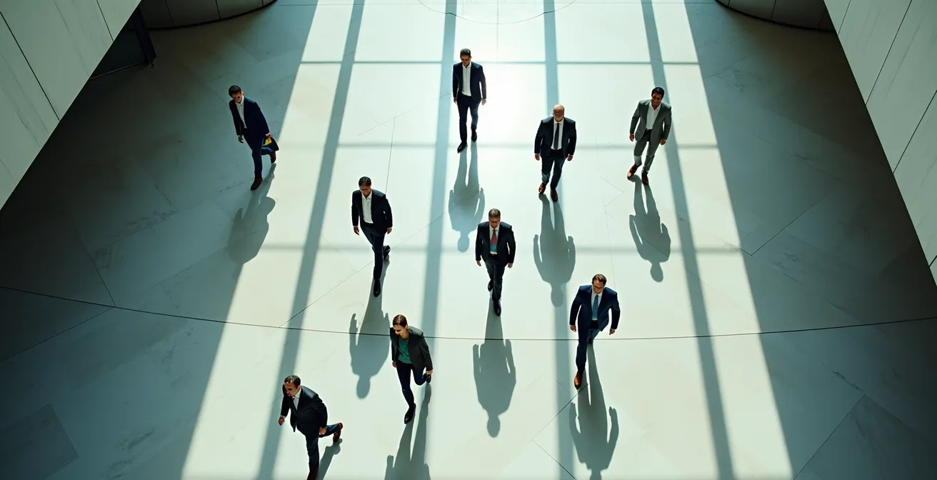 Gruppe von Menschen läuft gemeinsam in dieselbe Richtung, symbolisiert Herdentrieb an der Börse