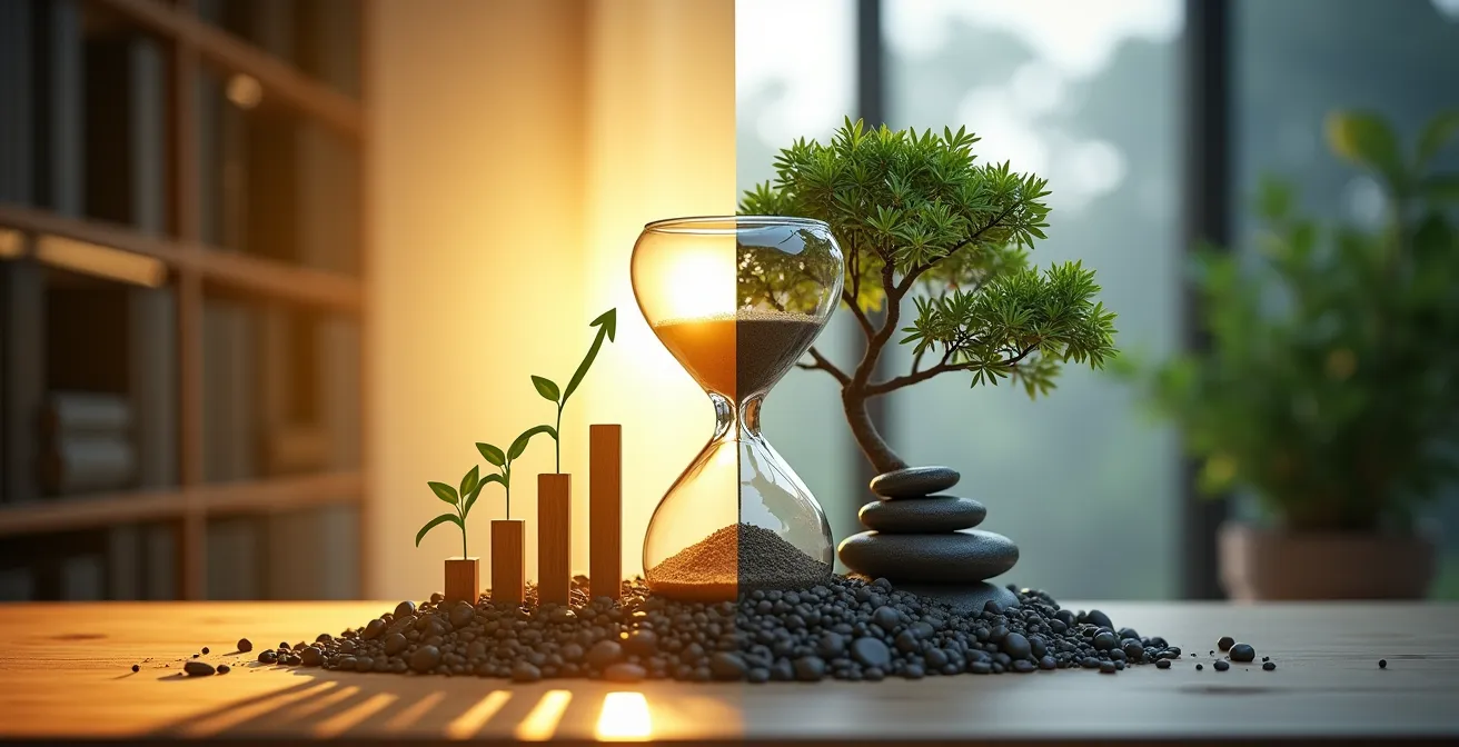 Symbolische Darstellung zweier Karrierestadien, die gemeinsam mit KI-Unterstützung arbeiten