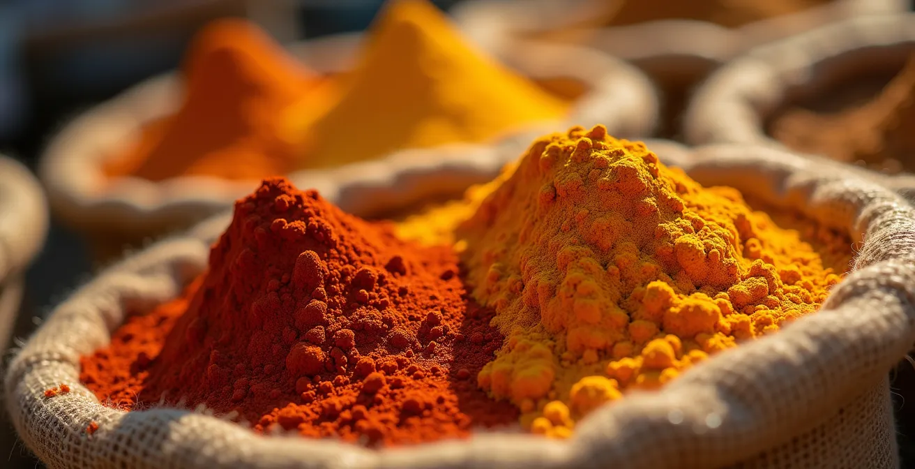 Farbenfrohe Gewürze in traditionellen Säcken auf einem Markt