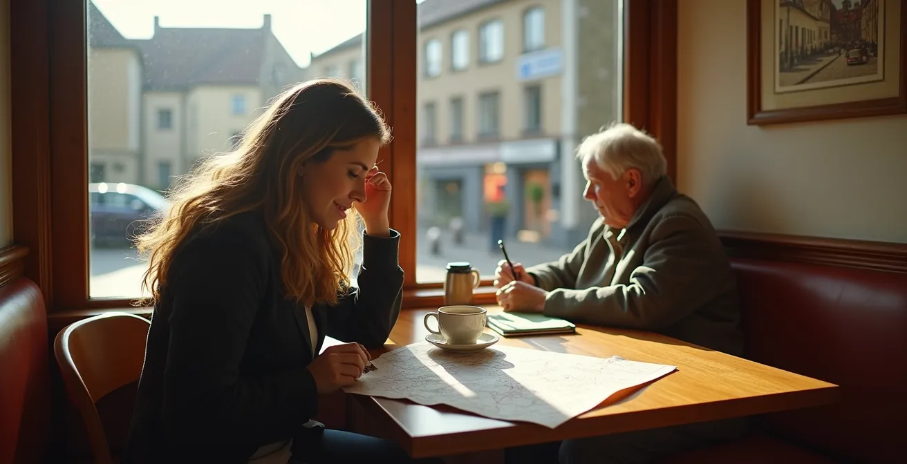 Reisende in gemütlichem Café als lokaler Hub mit Karte und Notizbuch bei der Planung von Tagesausflügen