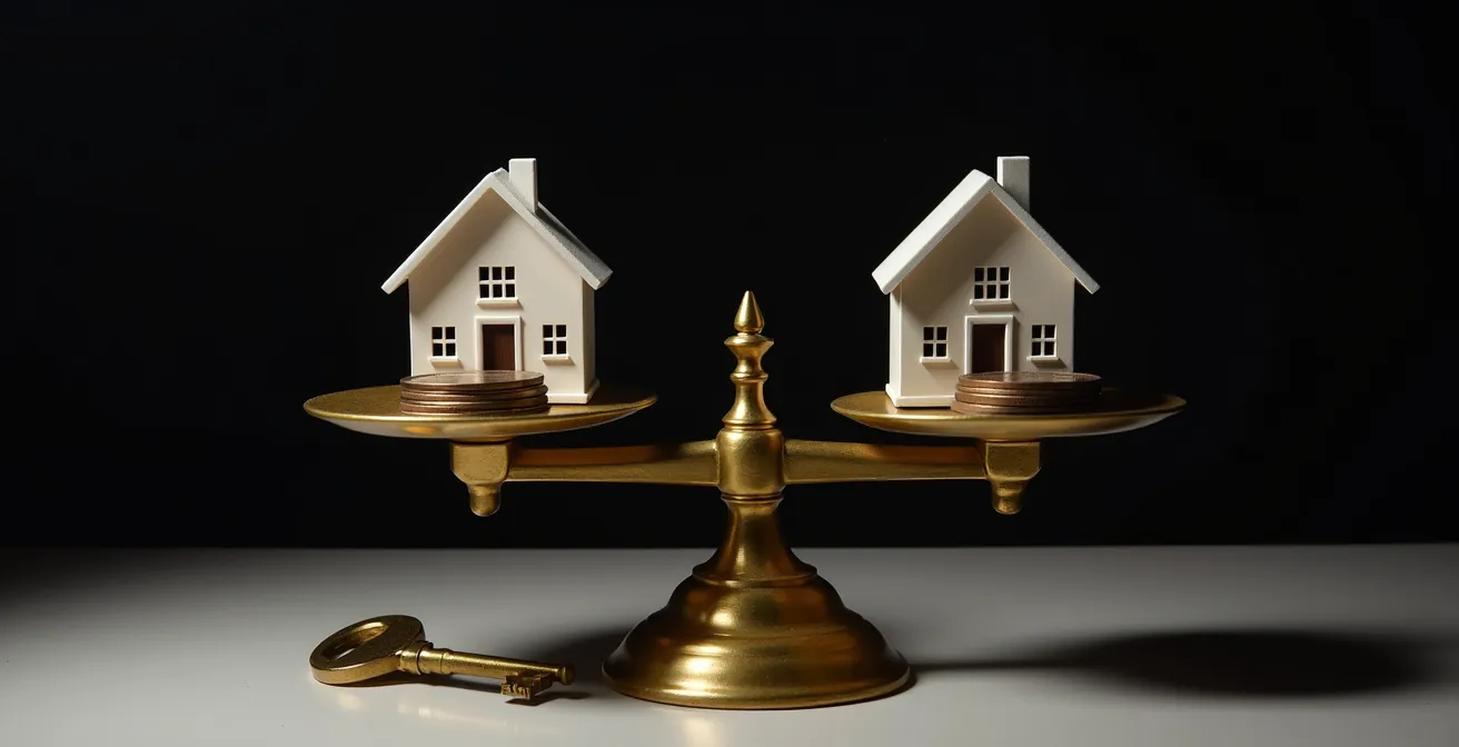 Symbolische Darstellung des optimalen Kaufzeitpunkts mit Waage und Immobilienschlüssel