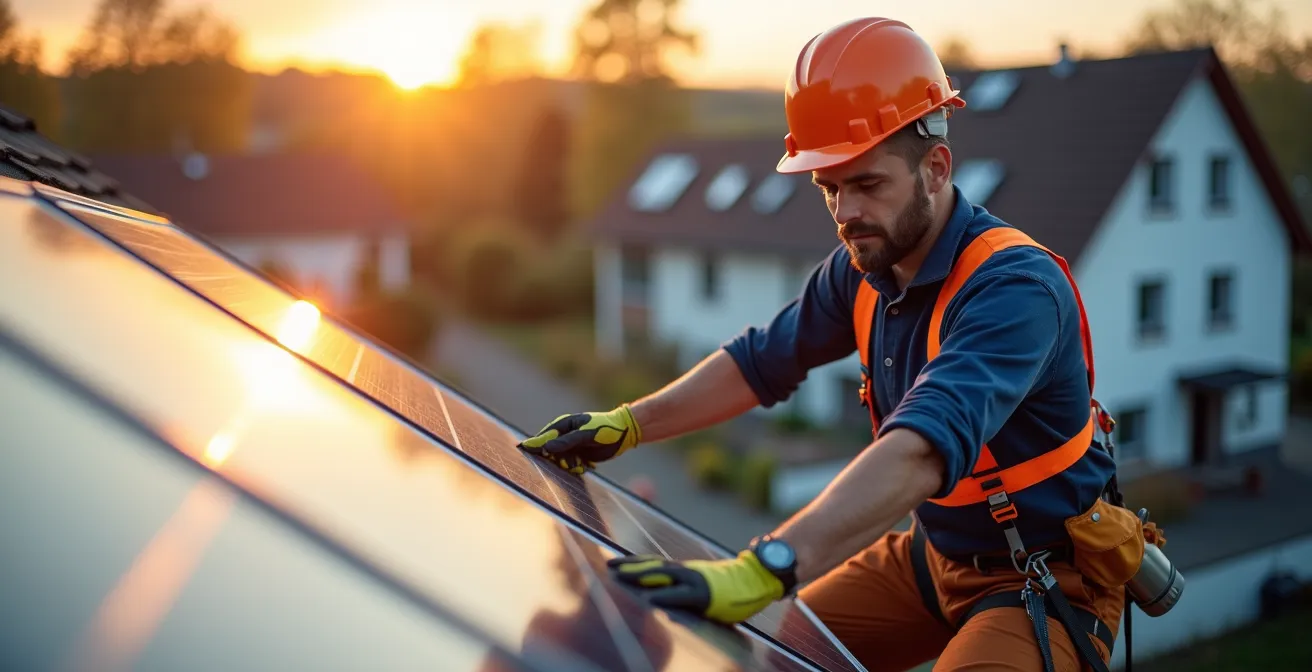 Professioneller Solartechniker bei der fachgerechten Installation einer PV-Anlage auf deutschem Hausdach