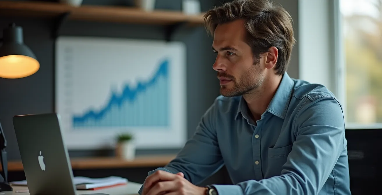 Ein Mann blickt ruhig und zuversichtlich aus dem Fenster seines Büros und symbolisiert psychologische Stärke während einer Börsenkrise.