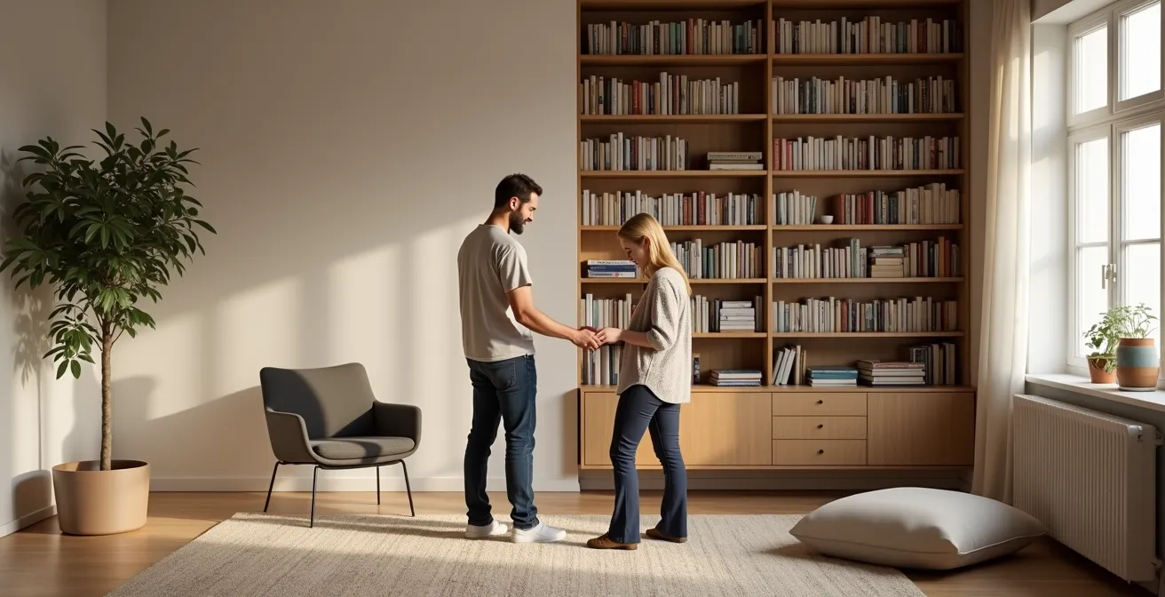 Ein Wohnzimmer, das eine harmonische Trennung zwischen einem minimalistisch gestalteten Bereich und einer gemütlichen, mit Büchern gefüllten Leseecke zeigt