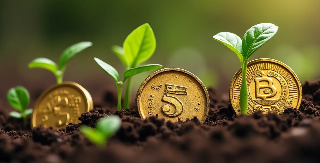 Makroaufnahme von Goldmünzen und jungen Trieben, die den Schutz und das Wachstum von Vermögen über die Zeit symbolisieren.