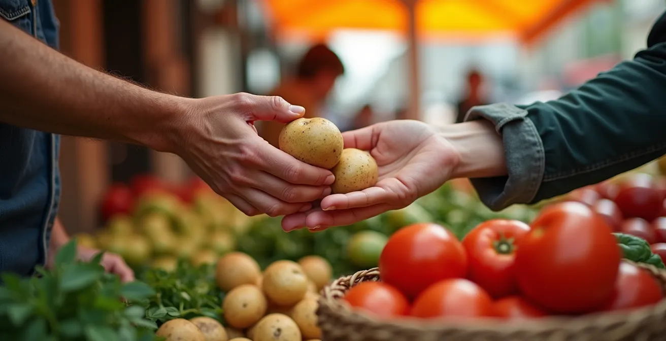 Reisender beim morgendlichen Einkauf auf lokalem Wochenmarkt mit vertrauten Händlern