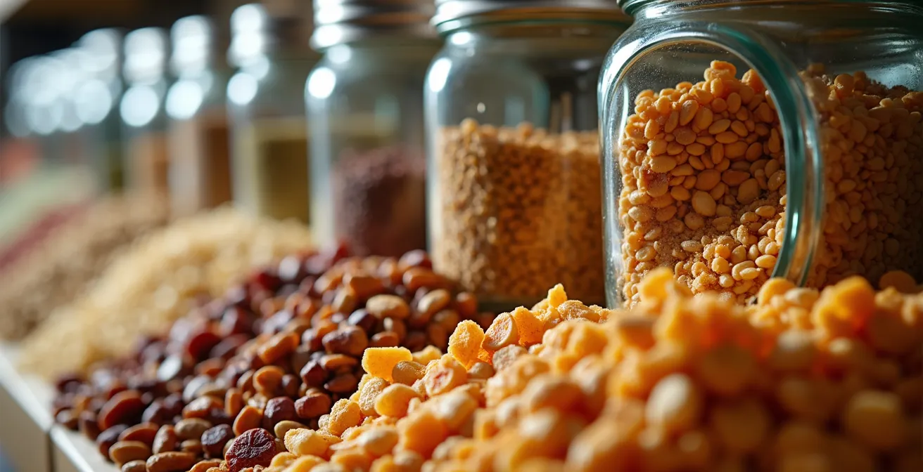 Makroaufnahme von unverpackten Lebensmitteln und Mehrwegsystemen