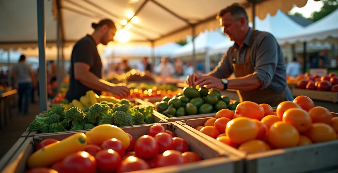 Lebendiger Wochenmarkt mit frischem Gemüse und lokalem Händler