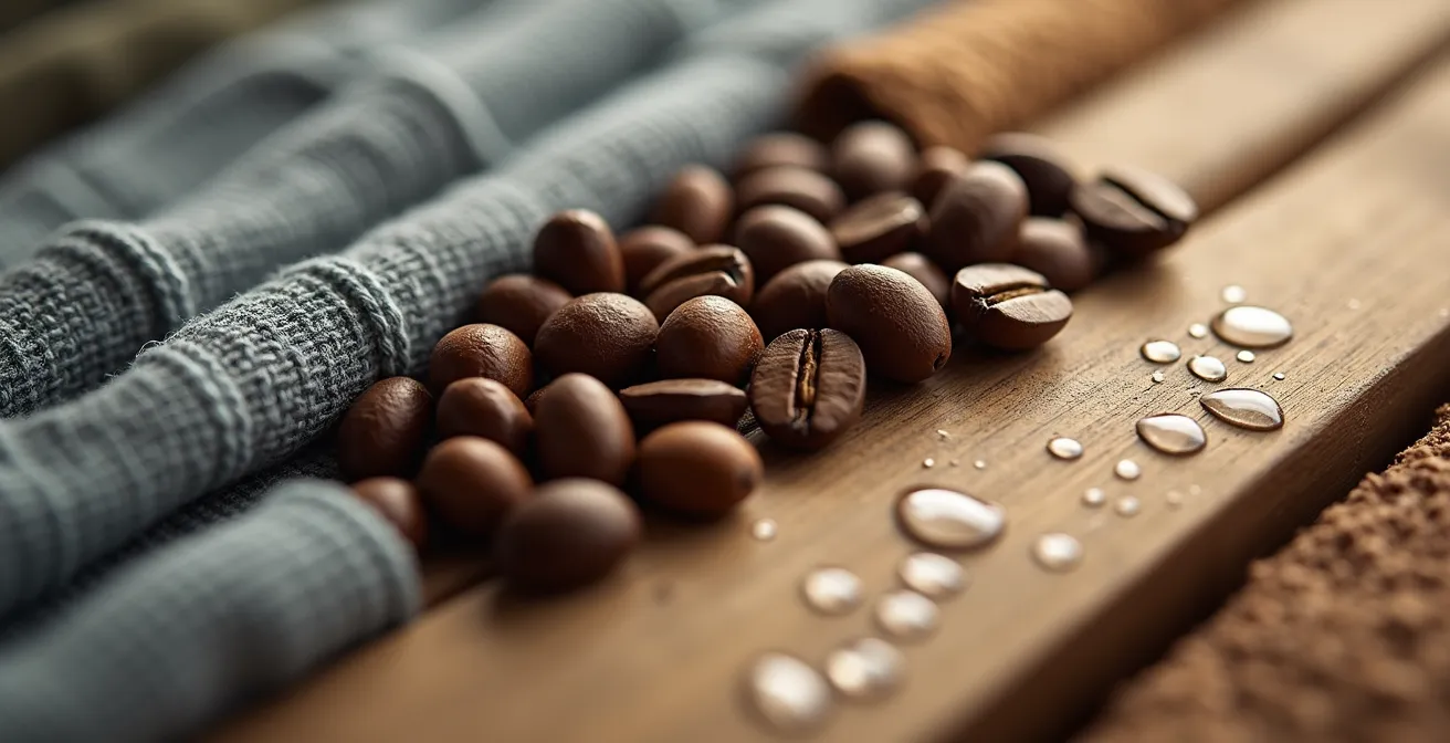 Makroaufnahme von Elementen einer Morgenroutine wie Kaffeebohnen und Stofftexturen, die Ordnung und Automatisierung symbolisieren