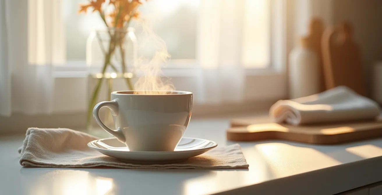 Aufgeräumte Küche mit vorbereiteten Essentials für den Morgen