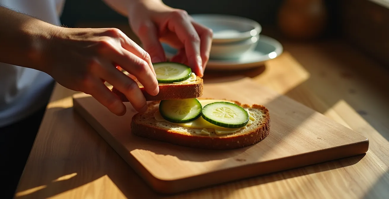 Aufgeräumte Küche am Morgen mit vorbereitetem Frühstück, das Ruhe und Ordnung ausstrahlt.