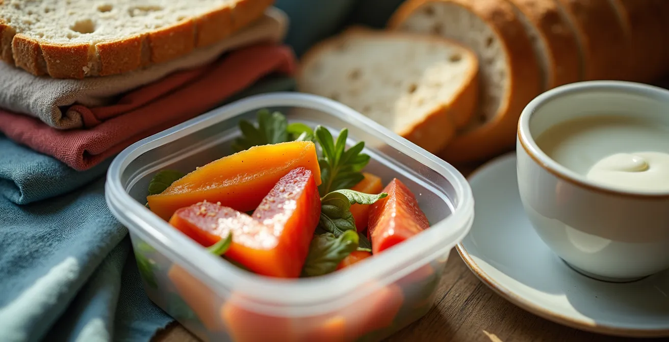 Makroaufnahme einer vorbereiteten Morgenroutine, die die Textur von gefalteter Kleidung, einer Brotzeitdose und einem einfachen Frühstück zeigt