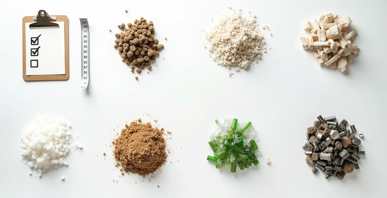 Übersichtliche Darstellung einer Müll-Inventur mit sortierten Abfallkategorien auf einer weißen Fläche.