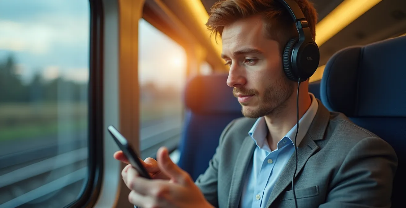 Geschäftsmann nutzt Smartphone mit Kopfhörern im deutschen Regionalzug zum Lernen