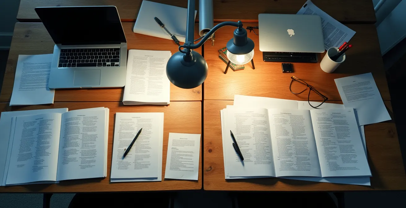 Zwei Arbeitsflächen im Kontrast: eine übermäßig ordentlich und unproduktiv, die andere kreativ-chaotisch, aber mit einem fertigen Projekt.