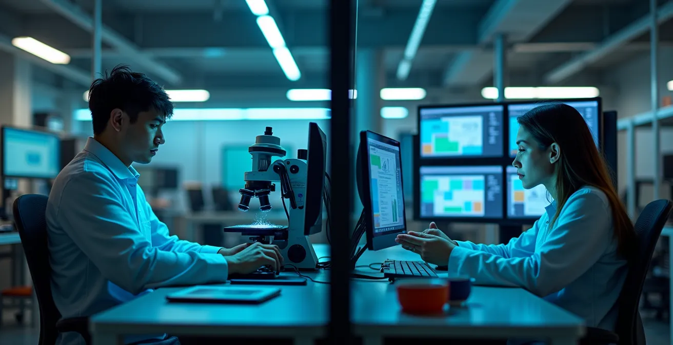 Geteiltes Bild zeigt links einen fokussierten Experten an einem hochspezialisierten Arbeitsplatz und rechts einen vielseitigen Professional mit mehreren Arbeitsstationen