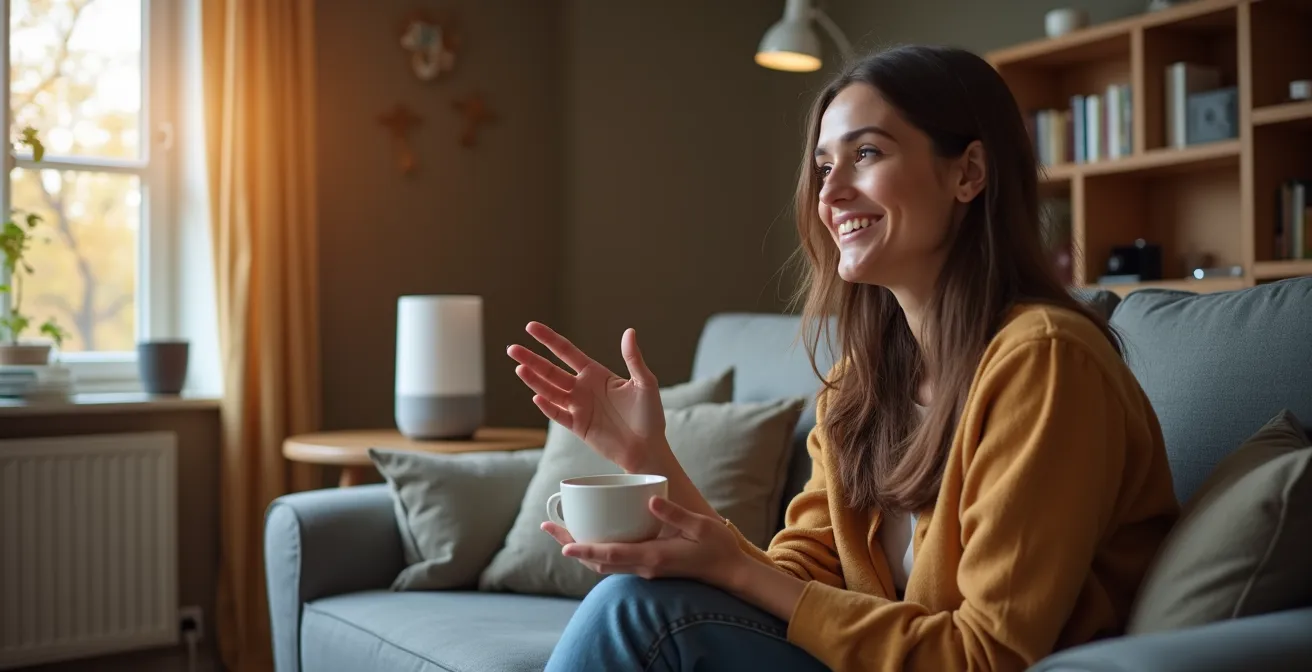 Gemütliches deutsches Wohnzimmer mit dezenter Smart-Home-Integration und einer Person, die entspannt eine Routine einrichtet