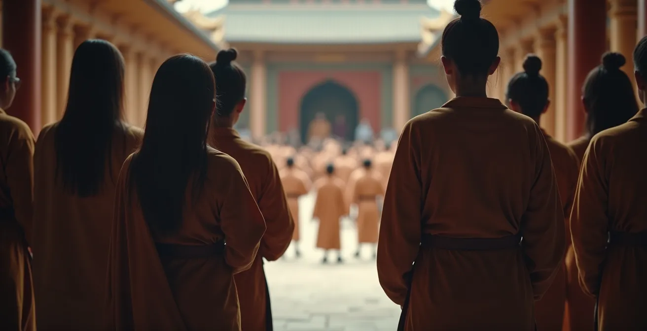 Respektvolle Beobachter bei traditioneller Zeremonie mit angemessenem Abstand