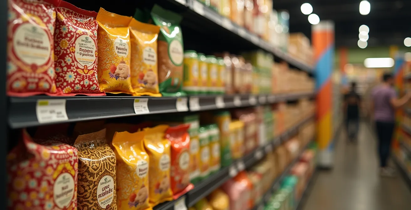 Nahaufnahme von internationalen Produktverpackungen mit verschwommenen kulturellen Symbolen