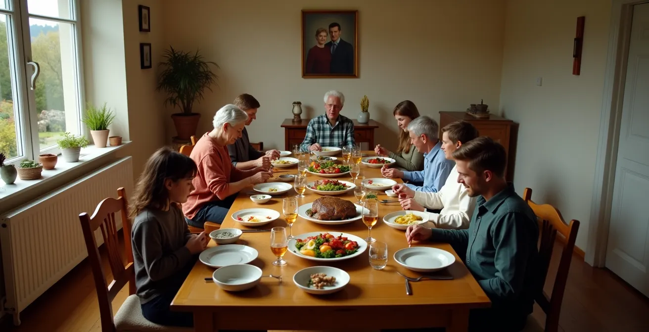 Mehrgenerationen-Familie beim traditionellen deutschen Abendessen, die die soziale Hierarchie am Tisch widerspiegelt.