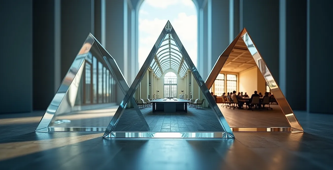 Visualisierung der Trend-Scouting-Dreieck Methode mit drei Quellen: Kunst, Technologie und lokale Politik in deutschen Städten.