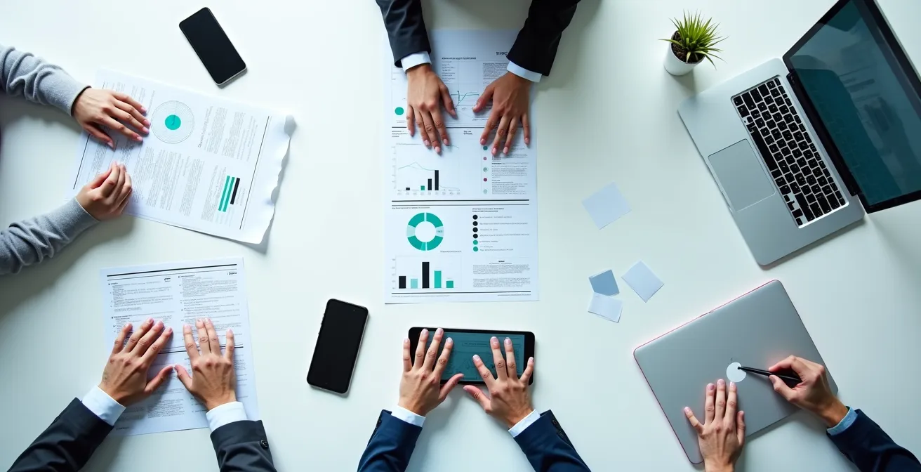 Visualisierung der systematischen Skill-Analyse durch drei Datenquellen: Patentdokumente, Finanzierungsberichte und Nischen-Jobmärkte, die in einem zentralen Punkt zusammenlaufen.