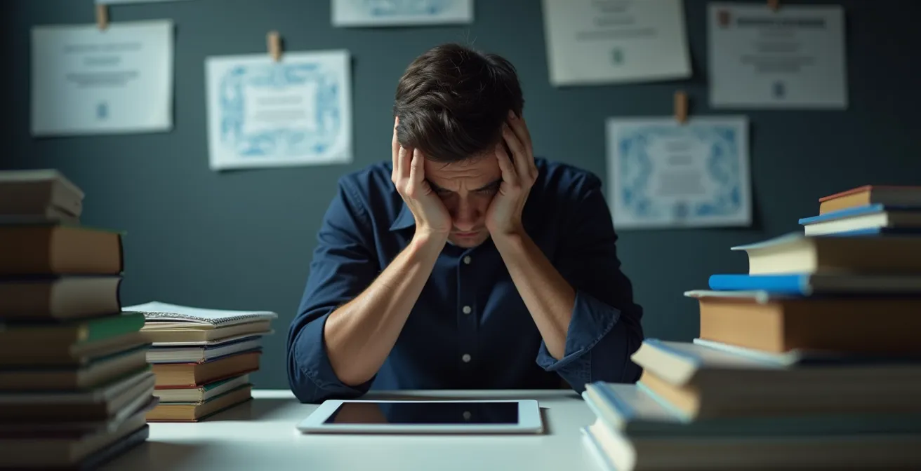 Person umgeben von verschwommenen Lernmaterialien zeigt Überforderung