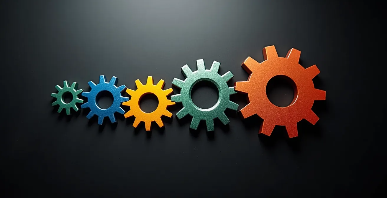 Fünf ineinandergreifende Zahnräder symbolisieren ein harmonisch vernetztes digitales Ökosystem aus verschiedenen Tool-Kategorien.