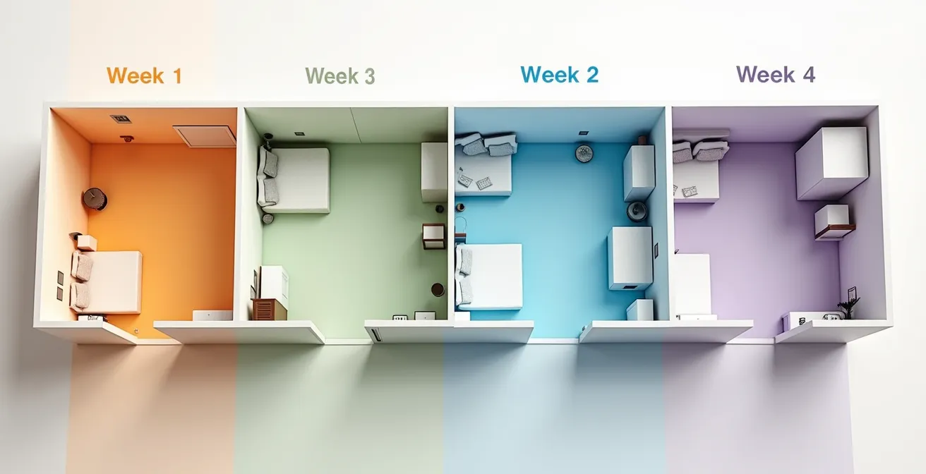 Visueller Wochenplan mit farbcodierten Räumen und Fortschrittsmarkierungen, der den systematischen Entrümpelungsprozess darstellt