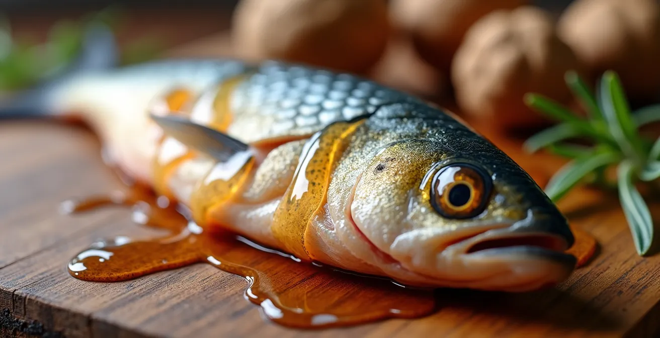 Makroaufnahme von fettem Fisch und Vitamin-D-reichen Lebensmitteln
