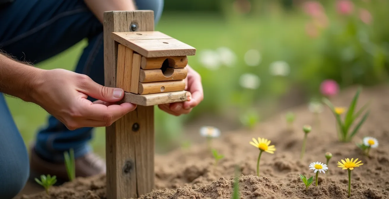 Verwandlung eines Rasens in eine blühende Wildwiese mit einem daneben installierten, handgefertigten Insektenhotel.