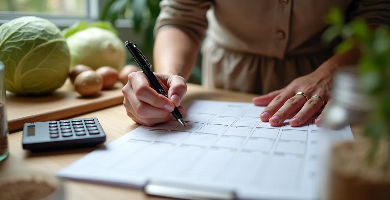 Übersichtliche Wochenplanung mit Einkaufsliste und frischen Zutaten